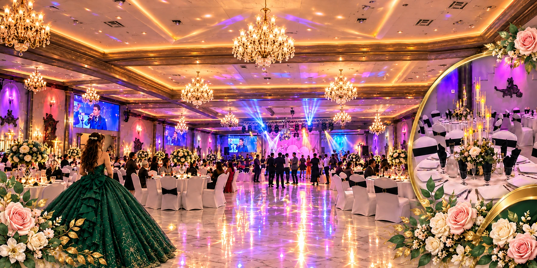 Celebration artwork with chandeliers, flowers and golden party lighting