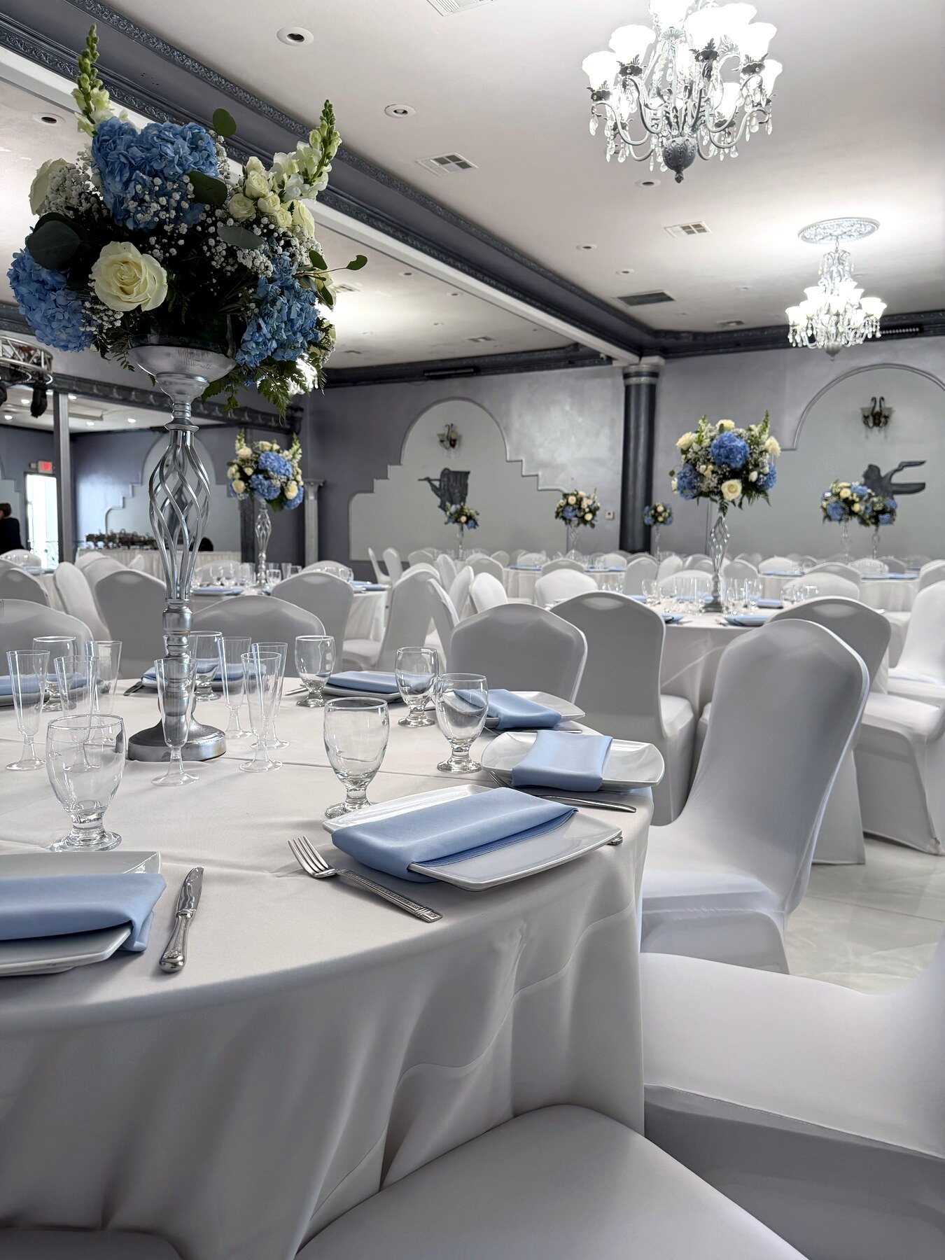 Blue and white floral details